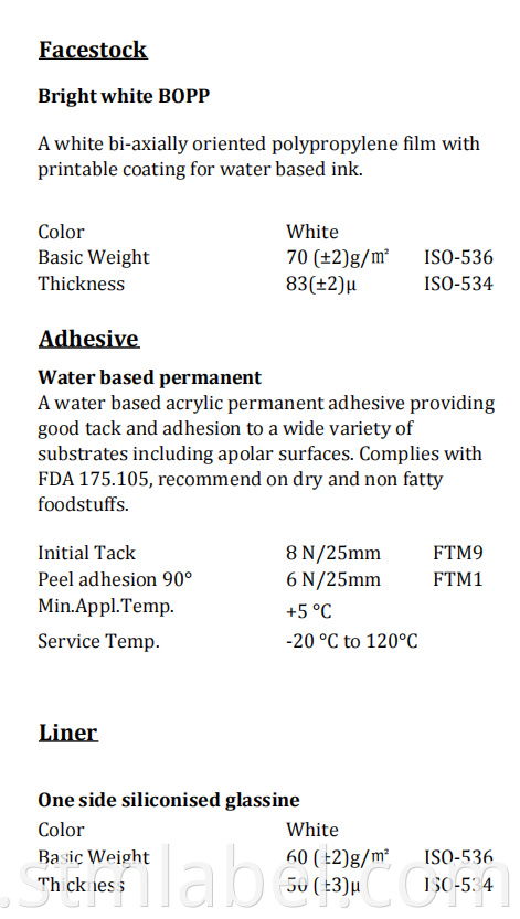 71rce1522 Bright White Inkjet Bopp Tc Water Based Permanentwhite Glassine